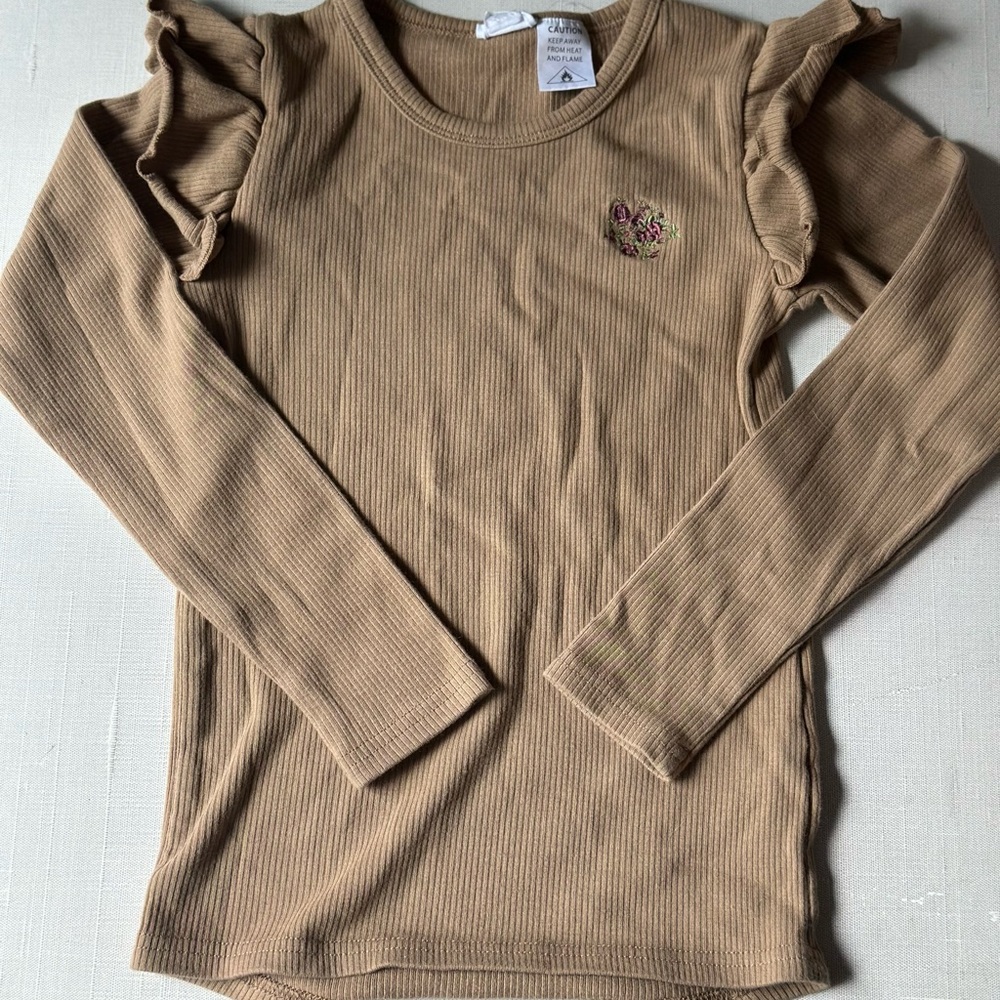 Tan Long Sleeve Tee with Ruffle Shoulders and Crew Neck